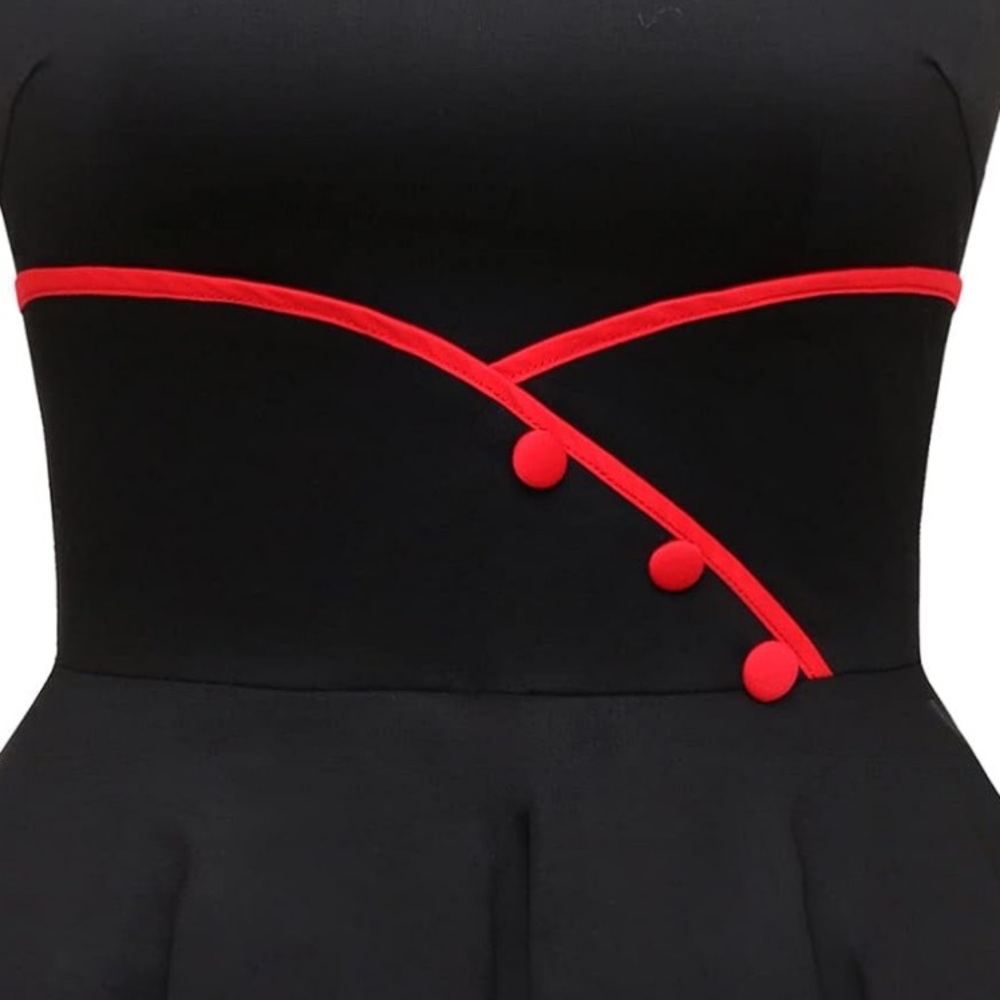 Black Lace Fit-and-Flare Midi Dress with Red Trim - Picture 5 of 11
